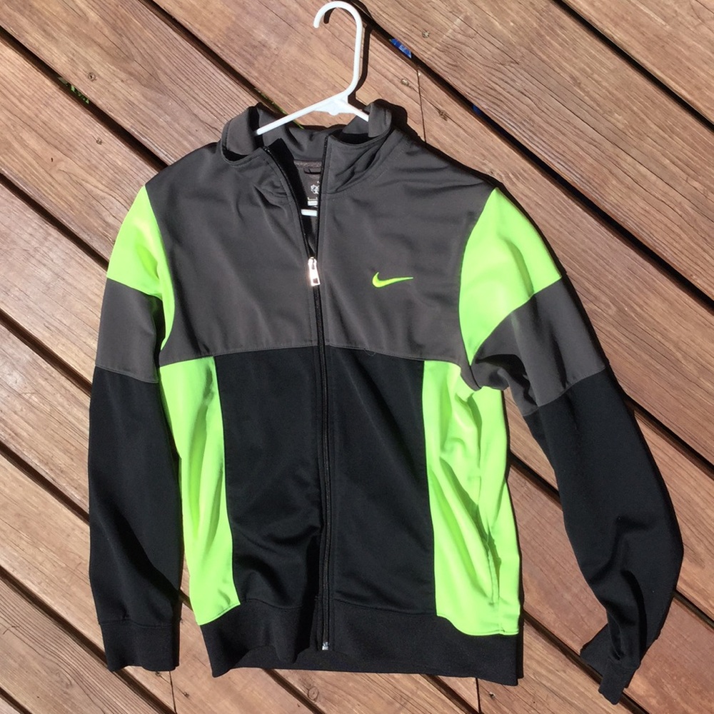 Black, grey, and neon green Nike jacket
